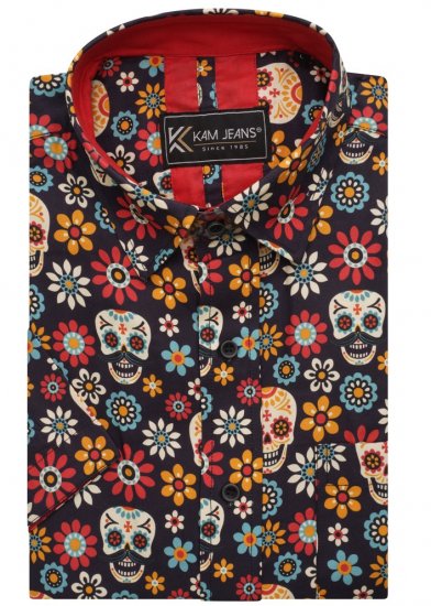 Kam Jeans 6040 Floral Skull Print Shirt Black - Koszule - Koszule 2XL-10XL