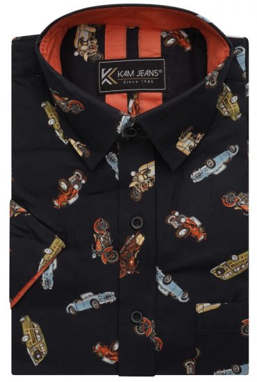 Kam Jeans 6046 Vintage Car Digital Print Shirt Black - Koszule - Koszule 2XL-10XL