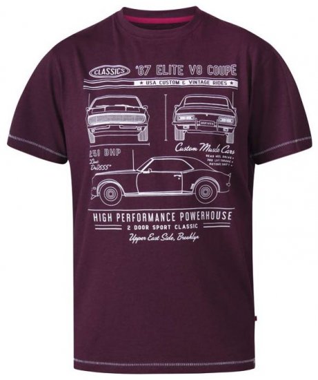 D555 Brady Classic Cars Crew Neck T-Shirt Burgundy - Koszulki - T-shirty meskie Duże Rozmiary - 2XL-14XL