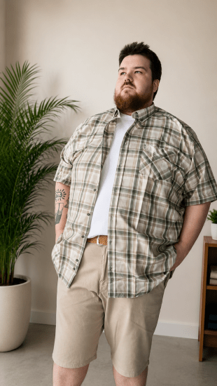 Kam Jeans 6339 Checked Short Sleeve Shirt Beige - Koszule - Koszule 2XL-10XL