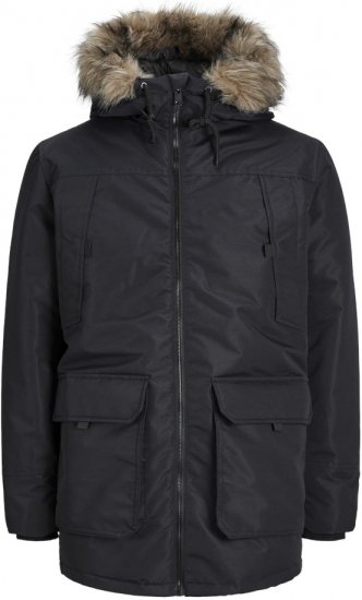 Jack & Jones CONSTRUCT Windproof Fur Parka Black - Kurtki Męskie Duże Rozmiary - Kurtki Duże rozmiary 2XL-8XL