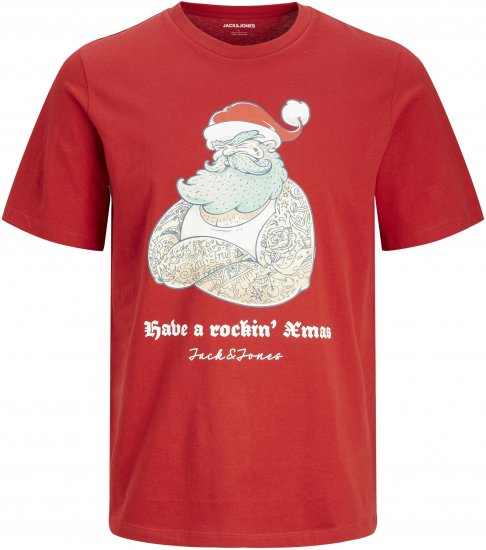 Jack & Jones XMAS Funny Rockin Santa T-Shirt Red - Koszulki - T-shirty meskie Duże Rozmiary - 2XL-14XL