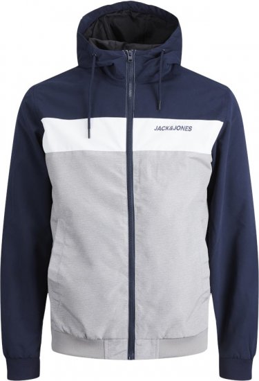 Jack & Jones RUSH White/Grey Blocking Bomber Jacket with Hood Navy Blazer - Kurtki Męskie Duże Rozmiary - Kurtki Duże rozmiary 2XL-8XL
