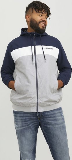 Jack & Jones RUSH White/Grey Blocking Bomber Jacket with Hood Navy Blazer - Kurtki Męskie Duże Rozmiary - Kurtki Duże rozmiary 2XL-8XL