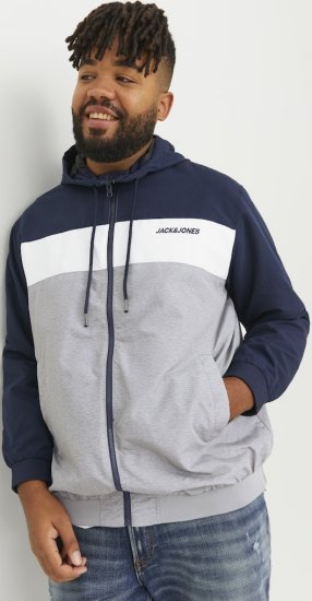 Jack & Jones RUSH White/Grey Blocking Bomber Jacket with Hood Navy Blazer - Kurtki Męskie Duże Rozmiary - Kurtki Duże rozmiary 2XL-8XL