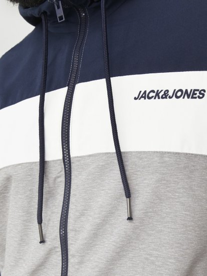Jack & Jones RUSH White/Grey Blocking Bomber Jacket with Hood Navy Blazer - Kurtki Męskie Duże Rozmiary - Kurtki Duże rozmiary 2XL-8XL