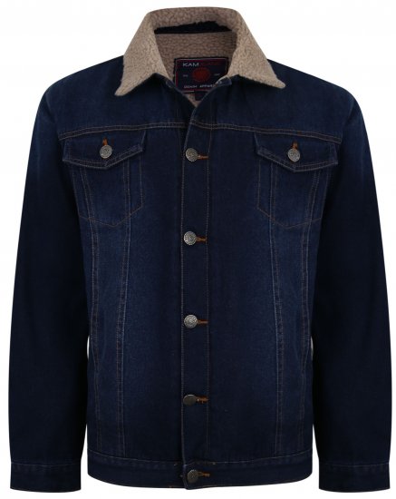 Kam Jeans 406 Sherpa Lined Denim Jacket Dark Used - Kurtki Męskie Duże Rozmiary - Kurtki Duże rozmiary 2XL-8XL