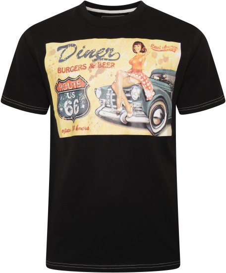 Kam Jeans 5751 Distressed Diners Print T-Shirt Black - Koszulki - T-shirty meskie Duże Rozmiary - 2XL-14XL