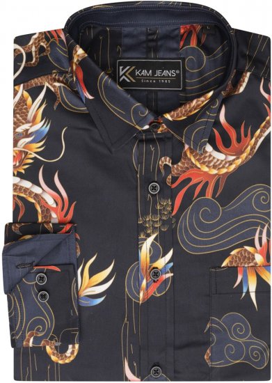 Kam Jeans 6057 LS Dragon Print Shirt Black - Koszule - Koszule 2XL-10XL