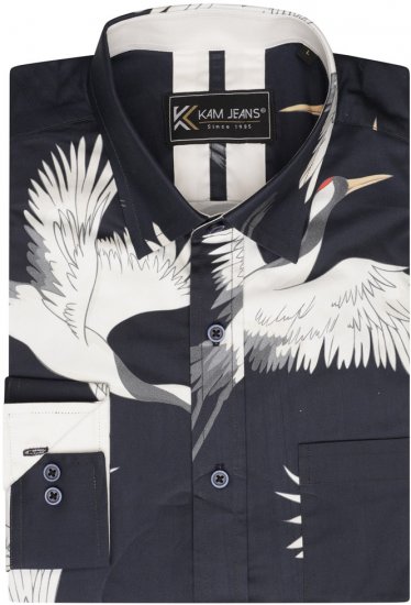 Kam Jeans 6059 LS Bird Print Shirt Navy - Koszule - Koszule 2XL-10XL