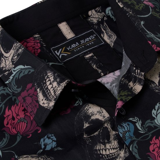 Kam Jean 6074 Koszula Z Krótkim Rękawem Z Nadrukiem Czaszki Czarna - Koszule - Koszule 2XL-10XL