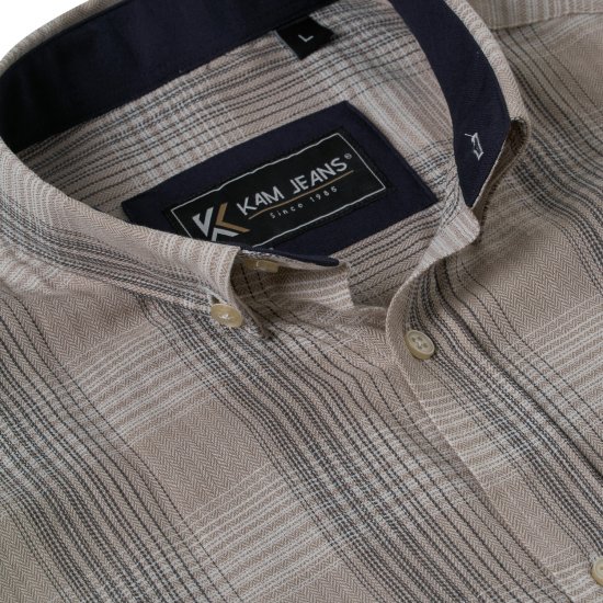 Kam Jeans 6382 Teksturowana Koszula W Kratę Z Krótkim Rękawem Beżowa - Koszule - Koszule 2XL-10XL