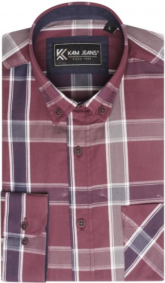 Kam Jeans P038 LS Premium Cotton Check Shirt Wine - Koszule - Koszule 2XL-10XL
