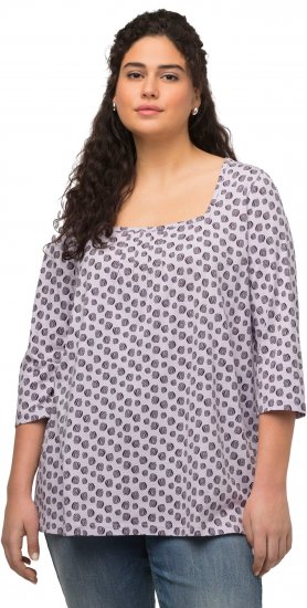 Ulla Popken Polka Dot 3/4 Sleeve Square Neck A-Line Tee Light Blue-Grey - Koszulki z nadrukiem dla kobiet - 