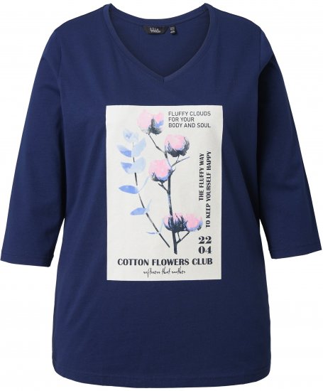 Ulla Popken Decorative Plant 3/4 Sleeve T-Shirt Ink Blue - Koszulki z nadrukiem dla kobiet - 
