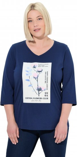 Ulla Popken Decorative Plant 3/4 Sleeve T-Shirt Ink Blue - Koszulki z nadrukiem dla kobiet - 