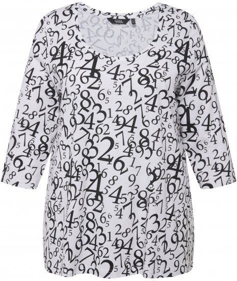Ulla Popken Number Print 3/4 Sleeve Tee Snow White - Koszulki z nadrukiem dla kobiet - 