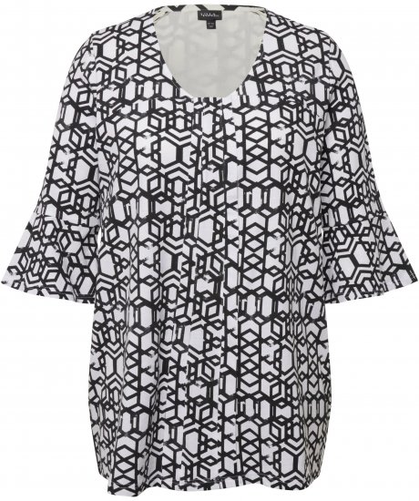 Ulla Popken Geometric Print Trumpet Sleeve Tee Black - Koszulki z nadrukiem dla kobiet - 