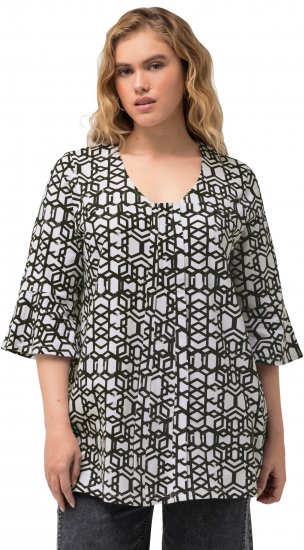 Ulla Popken Geometric Print Trumpet Sleeve Tee Black - Koszulki z nadrukiem dla kobiet - 