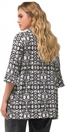 Ulla Popken Geometric Print Trumpet Sleeve Tee Black - Koszulki z nadrukiem dla kobiet - 