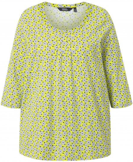 Ulla Popken Flower Print 3/4 Sleeve A-Line Tee Lime - Koszulki z nadrukiem dla kobiet - 