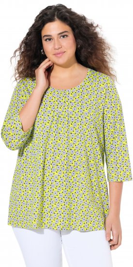 Ulla Popken Flower Print 3/4 Sleeve A-Line Tee Lime - Koszulki z nadrukiem dla kobiet - 