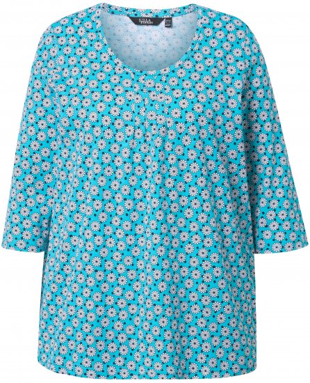 Ulla Popken Flower Print 3/4 Sleeve A-Line Tee Deep Aqua - Koszulki z nadrukiem dla kobiet - 