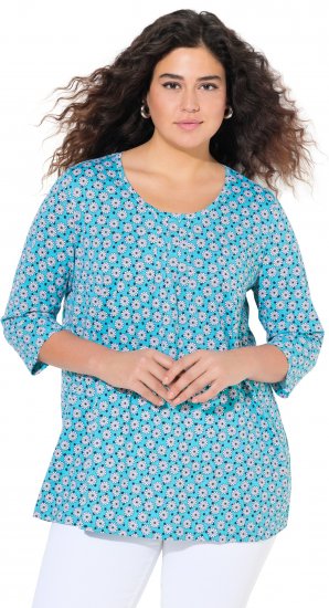 Ulla Popken Flower Print 3/4 Sleeve A-Line Tee Deep Aqua - Koszulki z nadrukiem dla kobiet - 