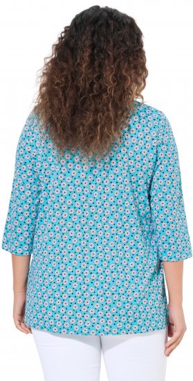 Ulla Popken Flower Print 3/4 Sleeve A-Line Tee Deep Aqua - Koszulki z nadrukiem dla kobiet - 