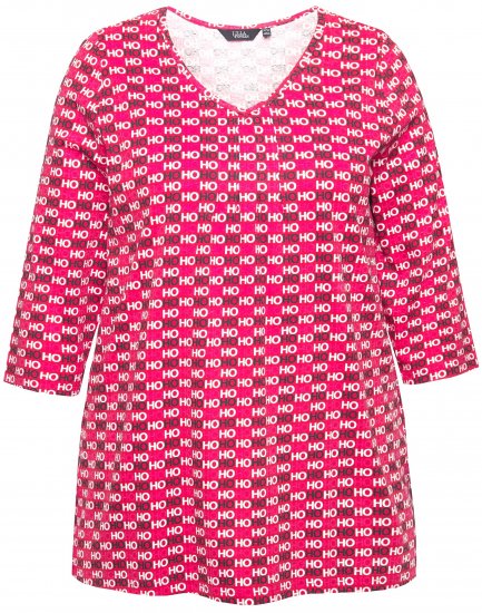 Ulla Popken Minimalist Ho Ho Ho Print 3/4 Sleeve Tee Salsa Red - Koszulki z nadrukiem dla kobiet - 