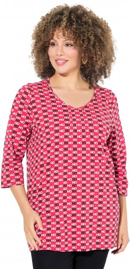 Ulla Popken Minimalist Ho Ho Ho Print 3/4 Sleeve Tee Salsa Red - Koszulki z nadrukiem dla kobiet - 