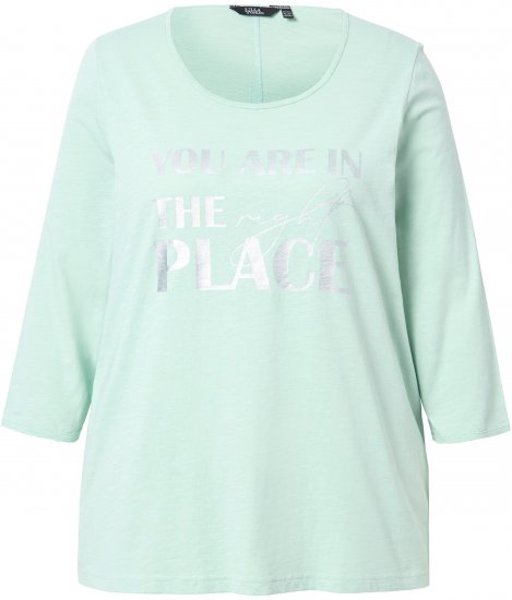 Ulla Popken Metallic Lettering 3/4 Sleeve Tee Mint Green - Koszulki z nadrukiem dla kobiet - 