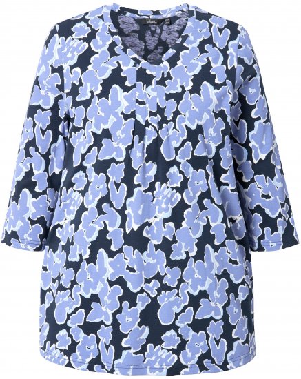 Ulla Popken Floral Print 3/4 Sleeve V-Neck Tee Navy Blue - Koszulki z nadrukiem dla kobiet - 