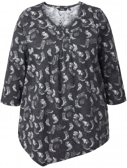 Ulla Popken Asymmetric Cowboy Boot Print Tee Black - Koszulki z nadrukiem dla kobiet - 