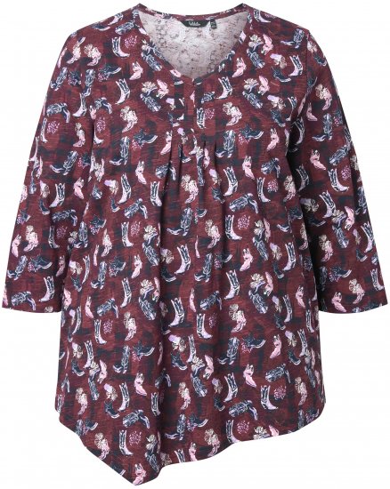 Ulla Popken Asymmetric Cowboy Boot Print Tee Dark Ruby - Koszulki z nadrukiem dla kobiet - 