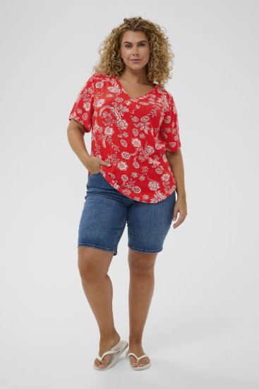 Kaffe Curve Ami Short Sleeve Blouse Printed Poppy Red - Bluzki & koszule - 