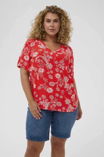 Kaffe Curve Ami Short Sleeve Blouse Printed Poppy Red - Bluzki & koszule - 