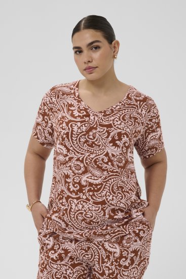Kaffe Curve Ami Short Sleeve Blouse Printed Henna Brown - Bluzki & koszule - 