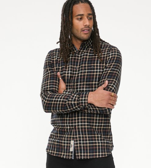 D555 Destin Checked Long Sleeve Shirt Black/Tan Check - Koszule z długim rękawem - 