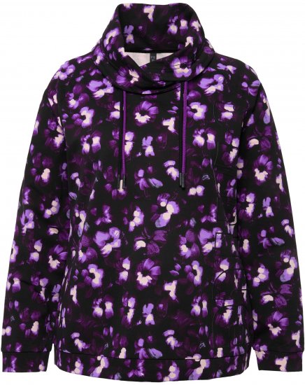 Ulla Popken Floral Print Drawstring Collar Hoodie Black - Bluzy & bluzy z kapturem - 