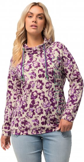 Ulla Popken Floral Print Drawstring Collar Hoodie Vanilla - Bluzy & bluzy z kapturem - 