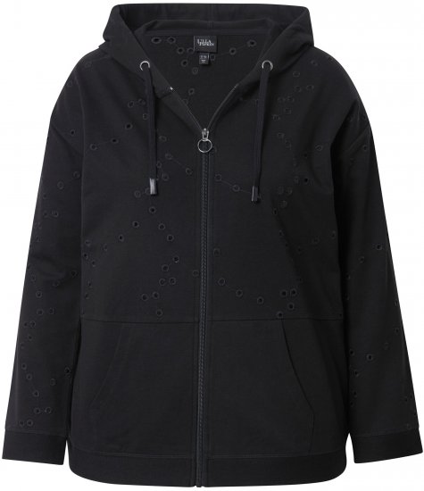 Ulla Popken Eyelet Embroidered Zip-Up Hoodie Black - Bluzy & bluzy z kapturem - 