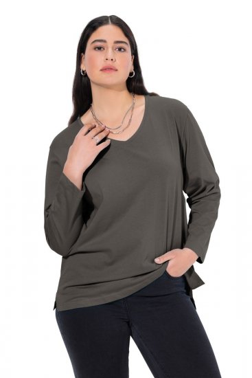 Ulla Popken Back To Basics V-Neck Relaxed Fit Cotton Tee Graphite Grey - T-shirty - T-shirty damskie plus size