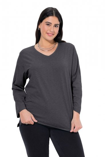 Ulla Popken Back To Basics V-Neck Relaxed Fit Cotton Tee Charcoal Grey Melange - T-shirty - T-shirty damskie plus size
