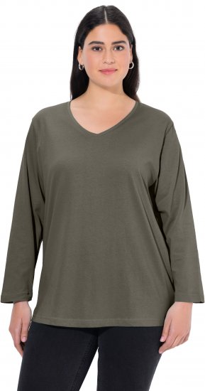 Ulla Popken Back To Basics V-Neck Relaxed Fit Cotton Tee Olive - T-shirty - 