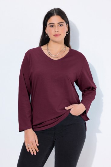 Ulla Popken Back To Basics V-Neck Relaxed Fit Cotton Tee Dark Berry - T-shirty - T-shirty damskie plus size