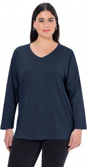 Ulla Popken Back To Basics V-Neck Relaxed Fit Cotton Tee Navy Blue - T-shirty - 