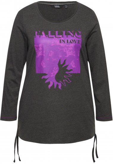 Ulla Popken Tie Hem Long Sleeve Graphic Tee Charcoal Grey Melange - Koszulki z nadrukiem dla kobiet - 