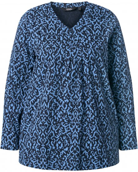 Ulla Popken Geometric Print 3/4 Sleeve Pleated Tee Navy Blue - Koszulki z nadrukiem dla kobiet - 