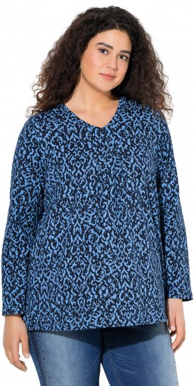 Ulla Popken Geometric Print 3/4 Sleeve Pleated Tee Navy Blue - Koszulki z nadrukiem dla kobiet - 